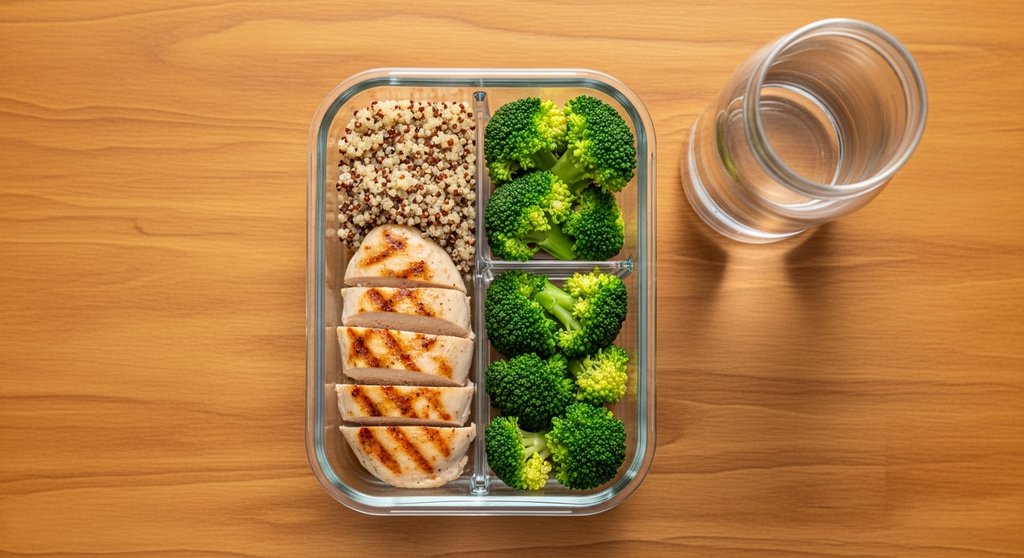 Eine gesunde, vorbereitete Mahlzeit mit Hähnchen, Quinoa und Brokkoli als Teil der Ernährung für den Kraftausdauer-Trainingsplan.