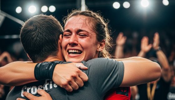 Eine glückliche Athletin nach ihrem ersten Crosstraining Wettkampf für Anfänger.