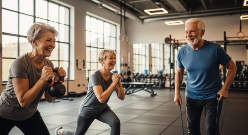 Eine Gruppe fitter Senioren beim Crosstraining im Alter zur Steigerung der Vitalität. Eine Gruppe fitter Senioren beim Crosstraining im Alter zur Steigerung der Vitalität.