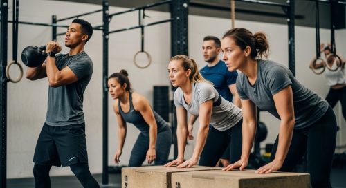 Eine Gruppe trainiert beim Crosstraining mit Kettlebells und an Ringen. Eine Gruppe trainiert beim Crosstraining mit Kettlebells und an Ringen.