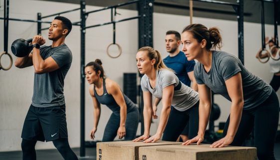 Eine Gruppe trainiert beim Crosstraining mit Kettlebells und an Ringen.