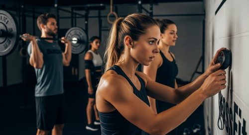 Eine Gruppe von Athleten absolviert ein intensives CrossTraining WOD in einer Box.