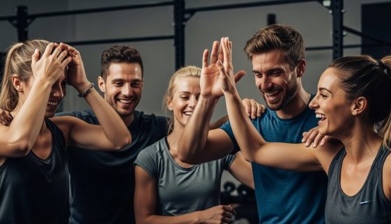 Eine Gruppe von Athleten feiert nach einem Crosstraining-Workout die Vorteile der Community.