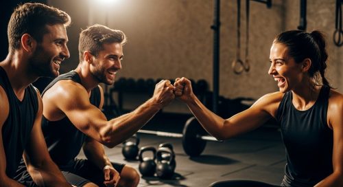 Eine Gruppe von Athleten feiert nach einem intensiven Crosstraining WOD in einer Fitness-Box.