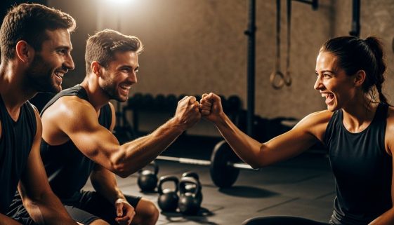Eine Gruppe von Athleten feiert nach einem intensiven Crosstraining WOD in einer Fitness-Box.