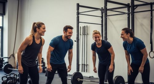 Eine Gruppe von Athleten lacht gemeinsam in einem Crosstraining-Kurs.