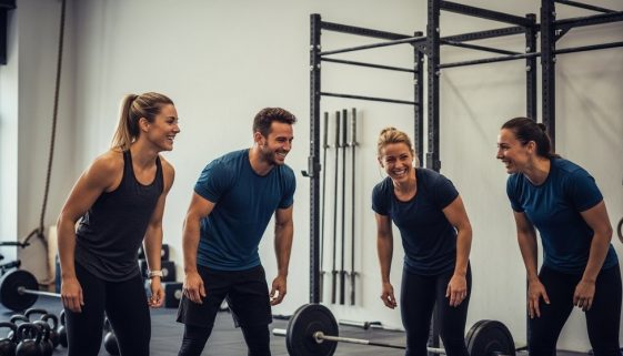 Eine Gruppe von Athleten lacht gemeinsam in einem Crosstraining-Kurs.
