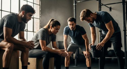 Eine Gruppe von Athleten macht eine Pause beim CrossTraining in einer Gym. Eine Gruppe von Athleten macht eine Pause beim CrossTraining in einer Gym.