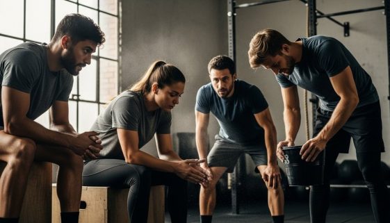 Eine Gruppe von Athleten macht eine Pause beim CrossTraining in einer Gym.