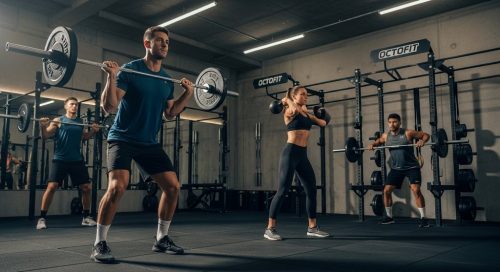 Eine Gruppe von Athleten nutzt professionelles Crosstraining Equipment in einem modernen Gym. Eine Gruppe von Athleten nutzt professionelles Crosstraining Equipment in einem modernen Gym.