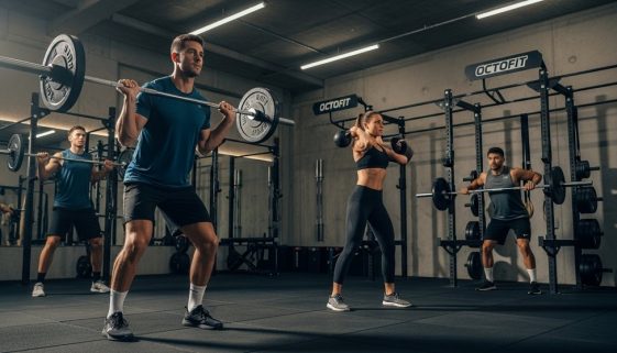 Eine Gruppe von Athleten nutzt professionelles Crosstraining Equipment in einem modernen Gym.