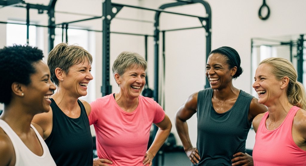 Eine Gruppe von Crosstraining-Sportlern verschiedenen Alters, inklusive Menschen über 50, lacht nach dem Training zusammen.