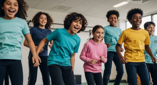 Eine Gruppe von Kindern macht lachend einen Sprung während eines HIIT-Workouts in einer Turnhalle. Eine Gruppe von Kindern macht lachend einen Sprung während eines HIIT-Workouts in einer Turnhalle.