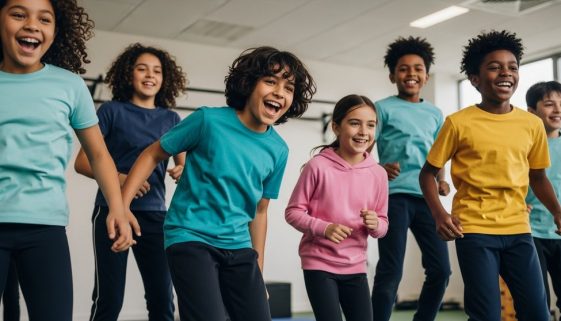 Eine Gruppe von Kindern macht lachend einen Sprung während eines HIIT-Workouts in einer Turnhalle.