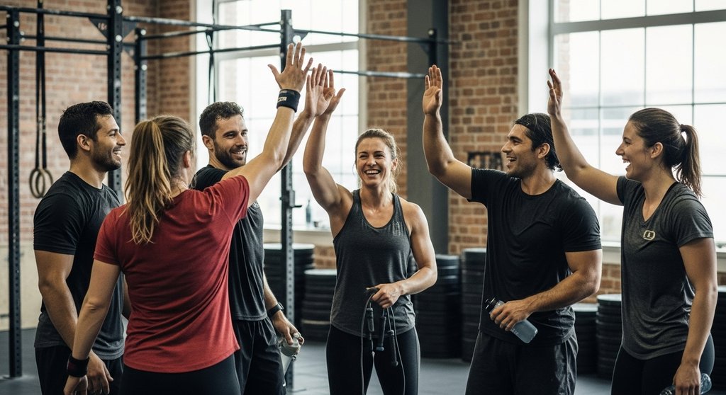 Eine Gruppe von Octofit-Mitgliedern feiert gemeinsam den Abschluss eines erfolgreichen Trainings.