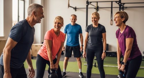 Eine Gruppe von Sportlern über 50 hat Spaß beim Crosstraining. Eine Gruppe von Sportlern über 50 hat Spaß beim Crosstraining.