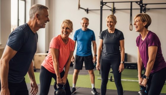 Eine Gruppe von Sportlern über 50 hat Spaß beim Crosstraining.
