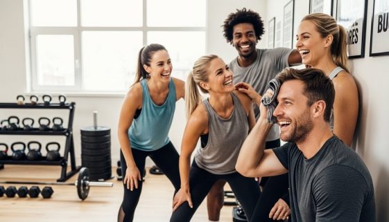 Eine Gruppe von Sportlern unterschiedlichen Alters, die nach einem gesunden Crosstraining glücklich sind.