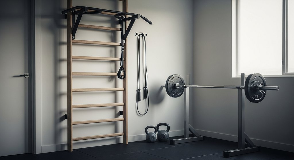 Home-Gym mit Ausrüstung für Crosstraining: Langhantel, Kettlebells und Bodenschutzmatten.