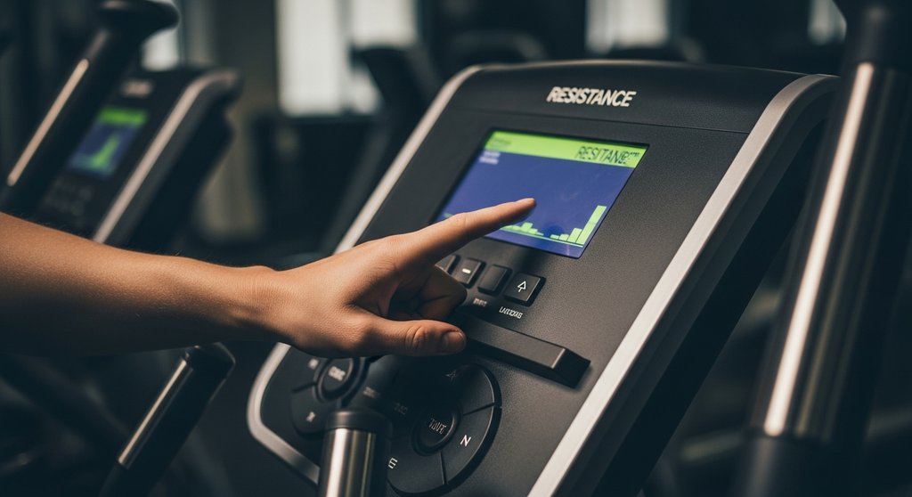 Eine Hand erhöht den Widerstand am Display eines Crosstrainers, um die Trainingsintensität zu steigern. Prompt: Close-up shot focusing on a person's hand adjusting the resistance level on a modern crosstrainer console. The display shows the level increasing. The lighting is dramatic, highlighting the hand and the console, with the rest of the gym blurred in the background. The person's knuckles are white, suggesting effort and determination. High resolution photography, DSLR, with a shallow depth of field. Muted tones, with a single bright color on the console display.