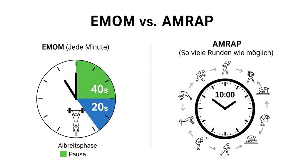 Eine Infografik, die den Unterschied zwischen EMOM und AMRAP Workouts erklärt.