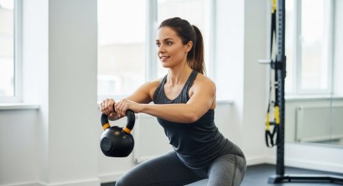 Eine junge Mutter beim sicheren und kontrollierten Crosstraining nach der Geburt.