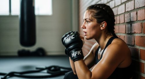 Eine Kampfsportlerin macht eine kurze, intensive Pause während ihres HIIT-Workouts in einem Gym. Eine Kampfsportlerin macht eine kurze, intensive Pause während ihres HIIT-Workouts in einem Gym.