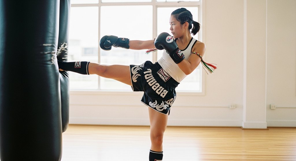 Eine Kampfsportlerin zeigt ihre Explosivität bei einem Kick am Boxsack.