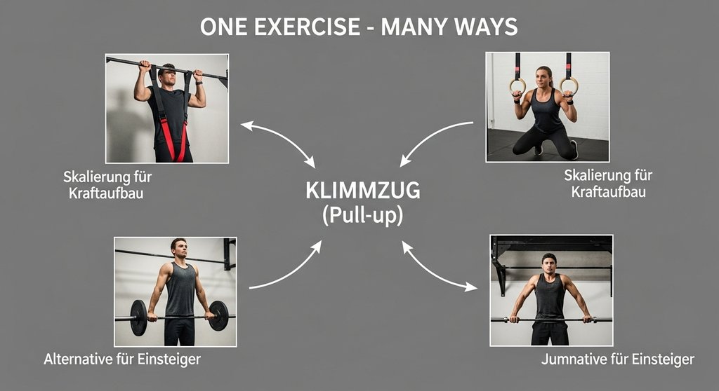 Eine klare und einfache Infografik mit dem Titel 'Eine Übung – viele Wege'. In der Mitte steht groß 'Klimmzug (Pull-up)'. Davon gehen Pfeile zu vier kleineren Bildern ab: 1. Eine Person macht einen Klimmzug mit einem starken Widerstandsband. 2. Eine Person macht Ring Rows. 3. Eine Person macht negative Klimmzüge (langsames Absenken). 4. Eine Person macht Jumping Pull-ups. Jedes Bild ist mit 'Skalierung für Kraftaufbau' oder 'Alternative für Einsteiger' beschriftet.