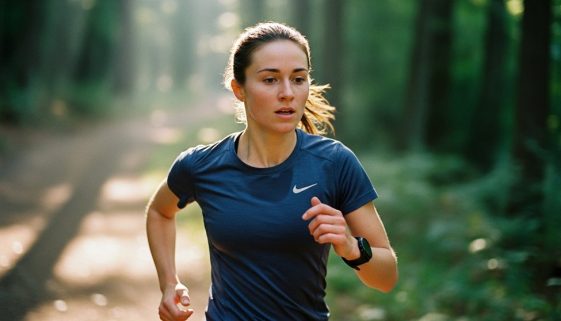 Eine Läuferin beim Fartlek-Training auf einem Waldweg, die ihr Tempo spielerisch variiert.