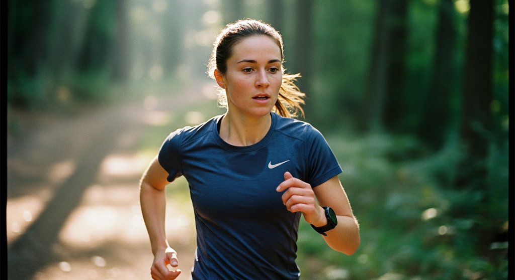Eine Läuferin beim Fartlek-Training auf einem Waldweg, die ihr Tempo spielerisch variiert.