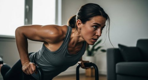 Eine Person absolviert ein intensives HIIT Workout ohne Geräte zu Hause.