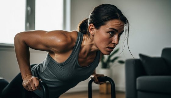 Eine Person absolviert ein intensives HIIT Workout ohne Geräte zu Hause.