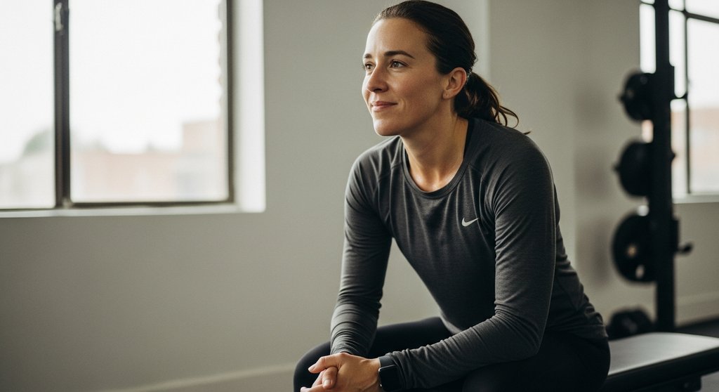 Eine Person blickt nachdenklich und zufrieden nach einem erfolgreichen Training mit Grundübungen.
