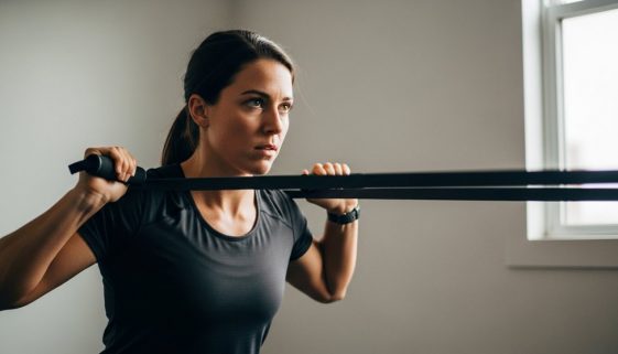 Eine Person führt ein intensives HIIT-Workout mit einem Widerstandsband durch.