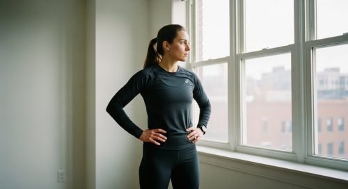 Eine Person in Sportkleidung blickt morgens konzentriert aus dem Fenster, bereit für HIIT und Intervallfasten. Eine Person in Sportkleidung blickt morgens konzentriert aus dem Fenster, bereit für HIIT und Intervallfasten.