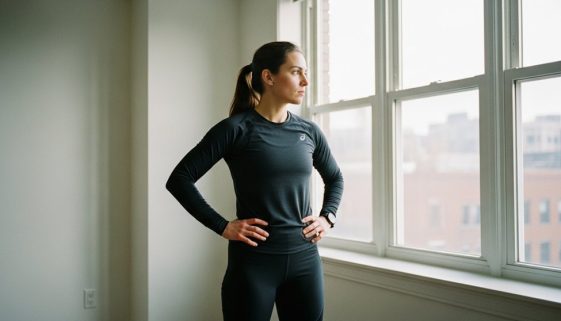 Eine Person in Sportkleidung blickt morgens konzentriert aus dem Fenster, bereit für HIIT und Intervallfasten.