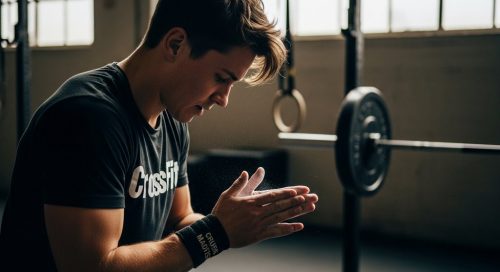 Eine Person konzentriert sich vor dem CrossFit-Training auf das Verletzungsrisiko.