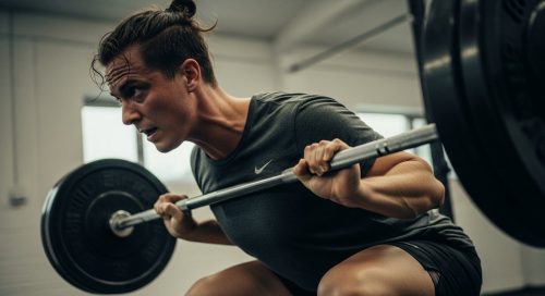 Eine Person mit Langhantel führt konzentriert die Grundübung Kreuzheben in einem Trainingsplan aus. Eine Person mit Langhantel führt konzentriert die Grundübung Kreuzheben in einem Trainingsplan aus.