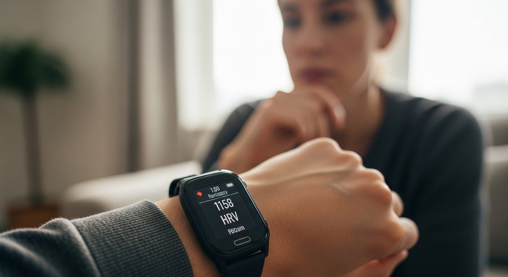 Eine Person prüft ihre Herzfrequenzvariabilität (HRV) auf einer Fitnessuhr zur Kontrolle der Regeneration.