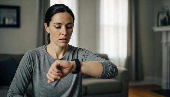 Eine Person schaut entschlossen auf ihre Fitnessuhr, um mit dem ersten HIIT Workout zu starten.