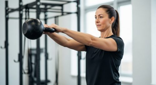 Eine Person stärkt mit Crosstraining und Kettlebell Swings den Rücken. Eine Person stärkt mit Crosstraining und Kettlebell Swings den Rücken.