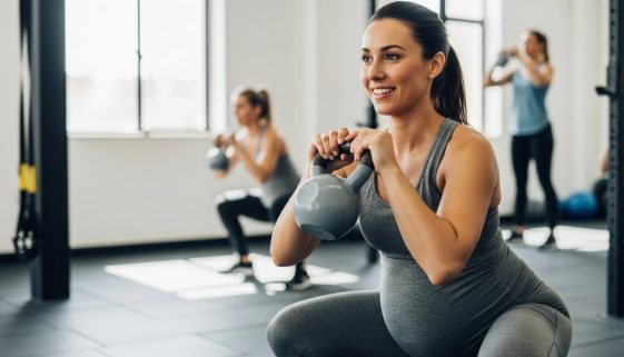 Eine schwangere Frau führt sicher eine Kniebeuge beim Crosstraining aus.