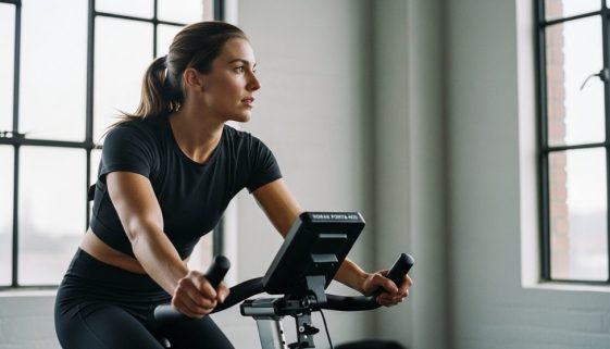 Eine sportliche Frau bei der aktiven Erholung auf einem Ergometer nach einem intensiven HIIT-Training.