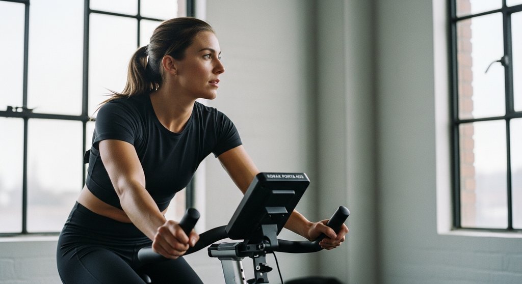 Eine sportliche Frau bei der aktiven Erholung auf einem Ergometer nach einem intensiven HIIT-Training.