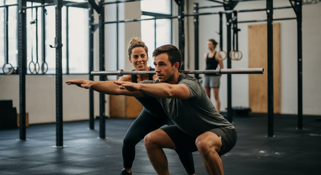 Eine Trainerin zeigt einem Crosstraining Anfänger die korrekte Ausführung einer Kniebeuge