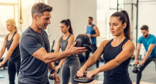 Eine Trainerin zeigt einer Athletin eine skalierte Crosstraining-Übung in einer Box.