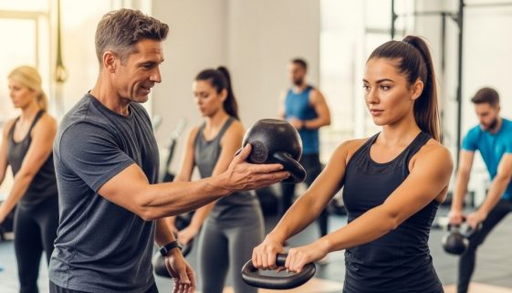 Eine Trainerin zeigt einer Athletin eine skalierte Crosstraining-Übung in einer Box.