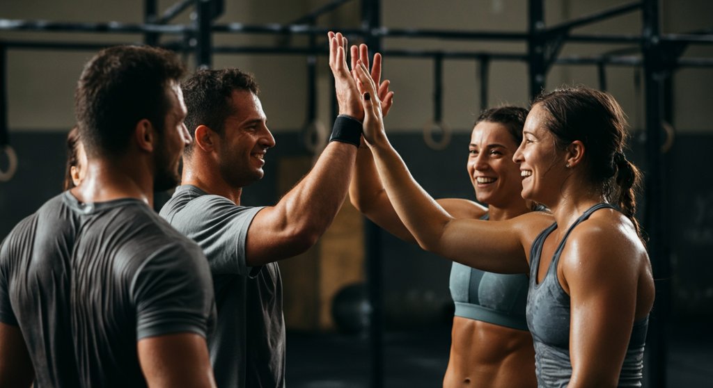 Eine vielfältige Crosstraining Community feiert nach dem Workout gemeinsam ihren Erfolg in der Box.
