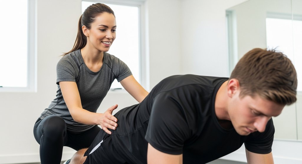 Environmental portrait of a personal trainer, a woman in her 30s with a confident and friendly smile, correcting the posture of a man during a plank exercise. The scene is in a bright, airy fitness studio. The focus is on the supportive interaction between the two. True-to-life colors, shot on a DSLR camera with a slightly blurred background. Visible skin texture and natural lighting.